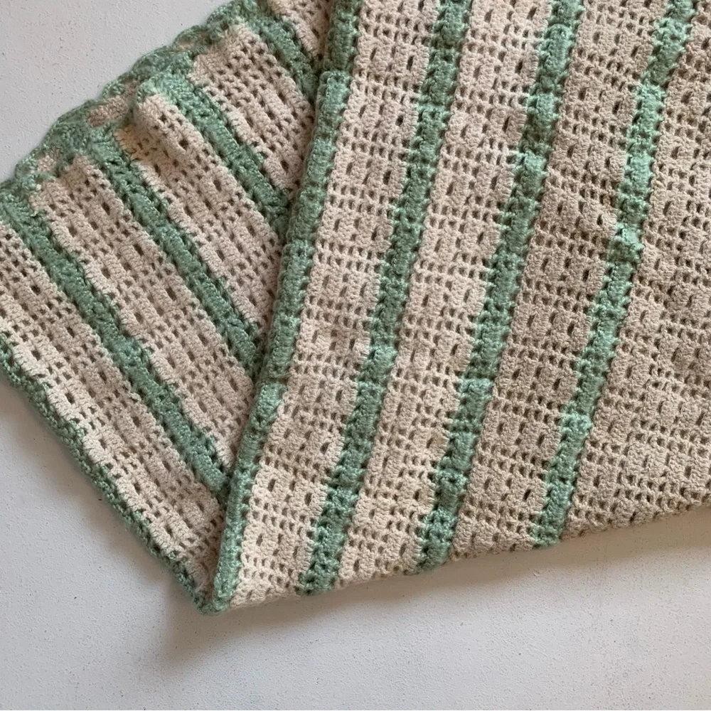 Vintage Handmade Crochet Knit Afghan Throw Blanket Green Cream Tan